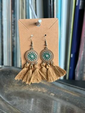 Rock & Vibe Boho Hippie Brown Tan Tassel Medallion Drop Earrings